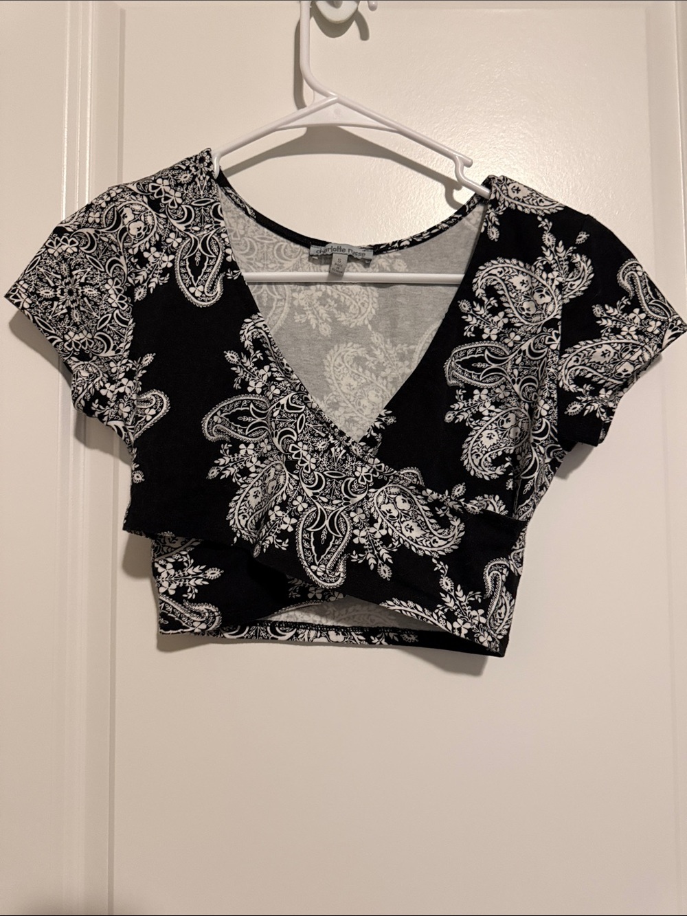 Charlotte Russe Black and White Paisley Wrap Crop Top